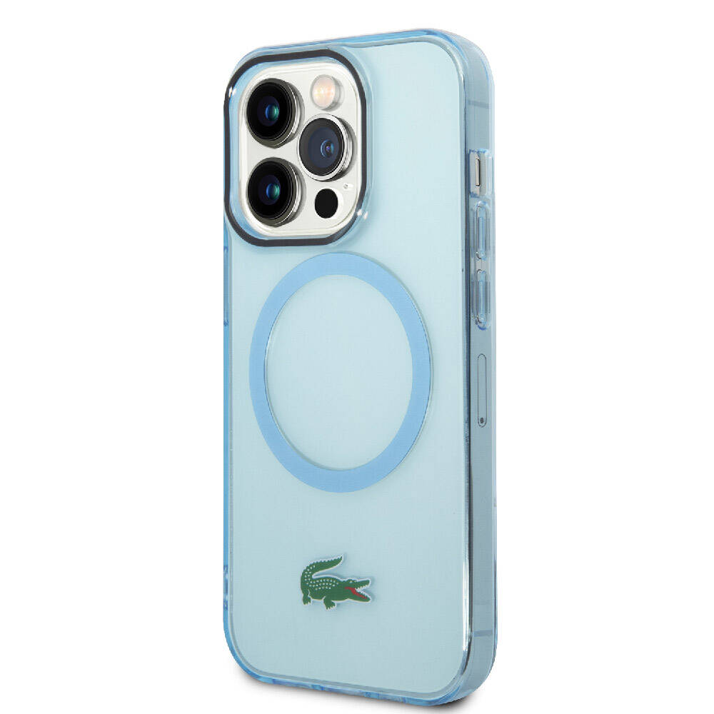Apple iPhone 15 Pro Kılıf Lacoste Orjinal Lisanslı M-safe Şarj Özellikli Transparan Timsah Logo Baskılı Kapak Mavi Açık