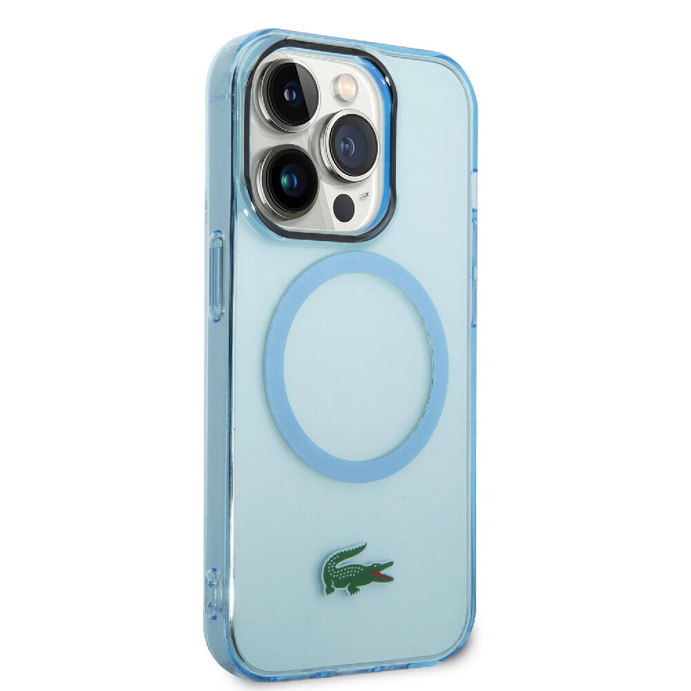 Apple iPhone 15 Pro Kılıf Lacoste Orjinal Lisanslı M-safe Şarj Özellikli Transparan Timsah Logo Baskılı Kapak Mavi Açık