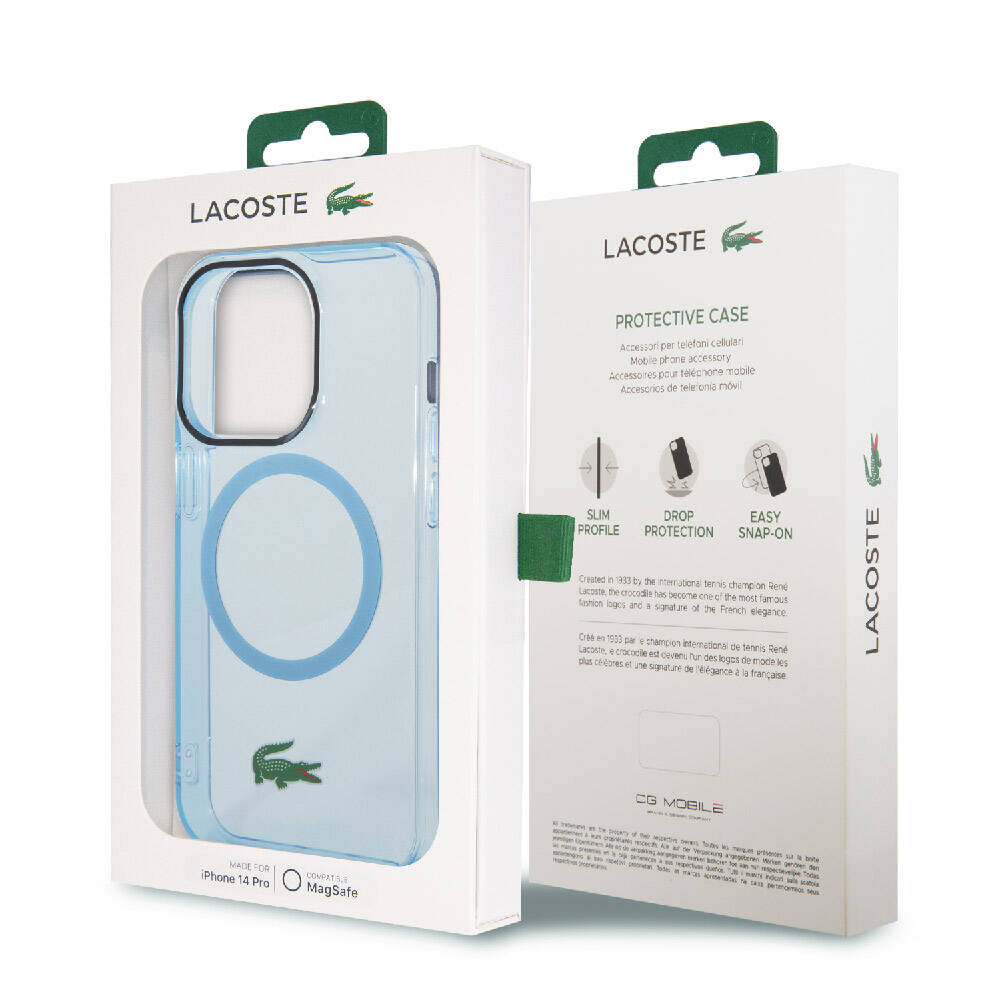 Apple iPhone 15 Pro Kılıf Lacoste Orjinal Lisanslı M-safe Şarj Özellikli Transparan Timsah Logo Baskılı Kapak Mavi Açık