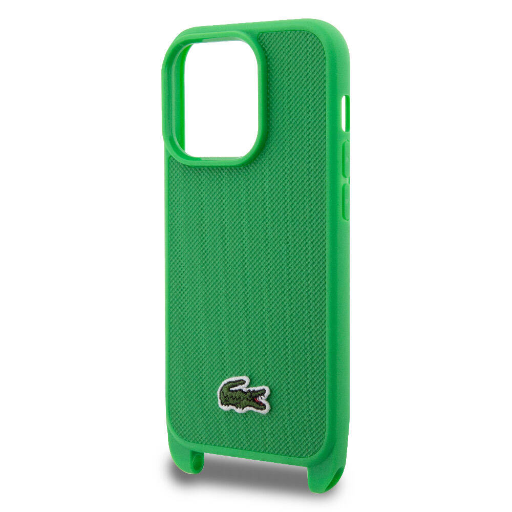 Apple iPhone 15 Pro Kılıf Lacoste Orjinal Lisanslı PU Pike Desenli Arka Yüzey Askılı İkonik Timsah Dokuma Logolu Kapak Lacivert