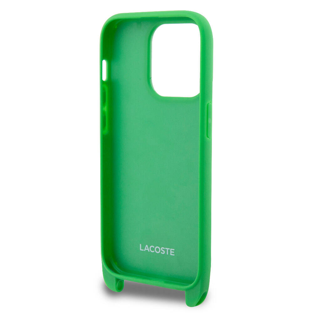 Apple iPhone 15 Pro Kılıf Lacoste Orjinal Lisanslı PU Pike Desenli Arka Yüzey Askılı İkonik Timsah Dokuma Logolu Kapak Lacivert