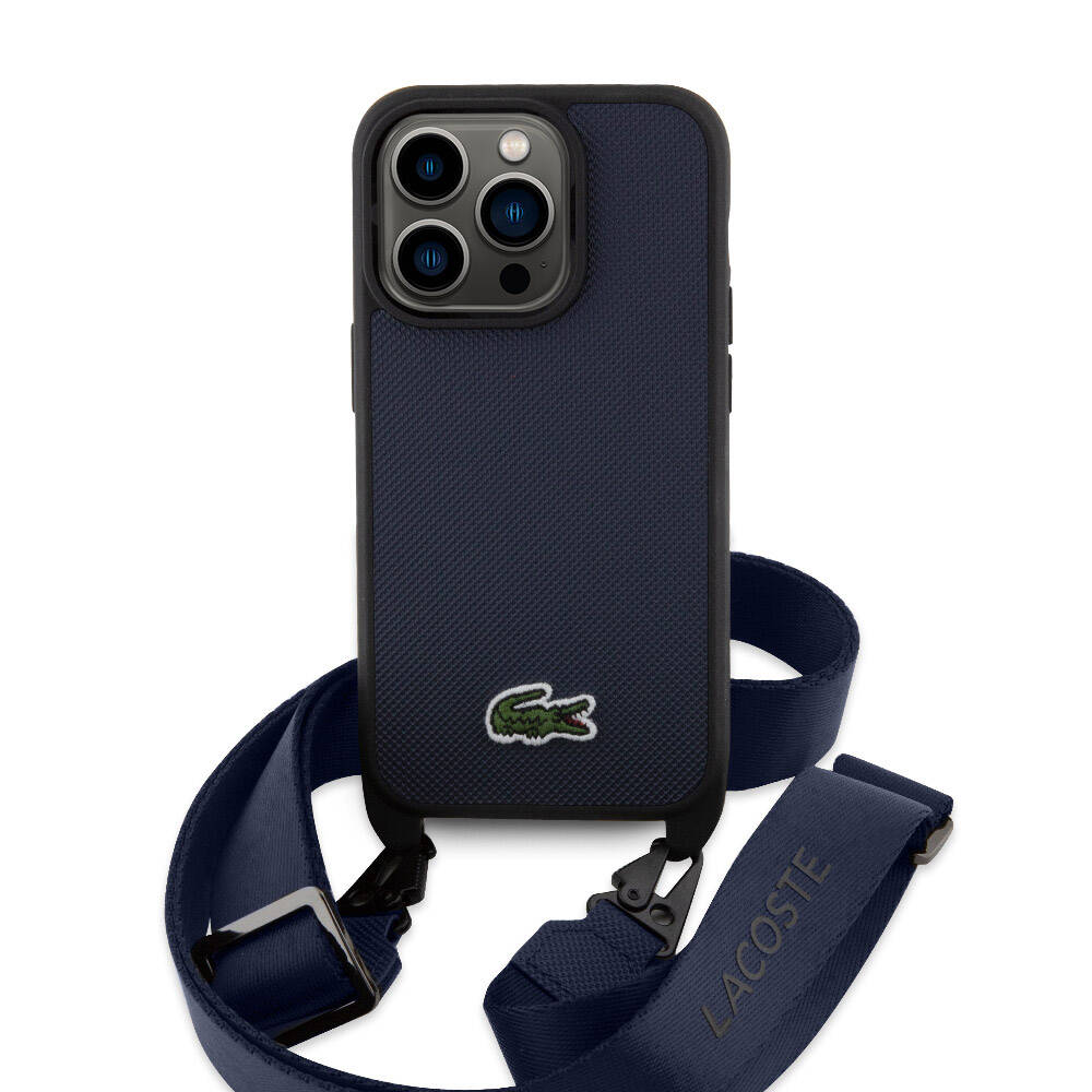 Apple iPhone 15 Pro Kılıf Lacoste Orjinal Lisanslı PU Pike Desenli Arka Yüzey Askılı İkonik Timsah Dokuma Logolu Kapak Lacivert