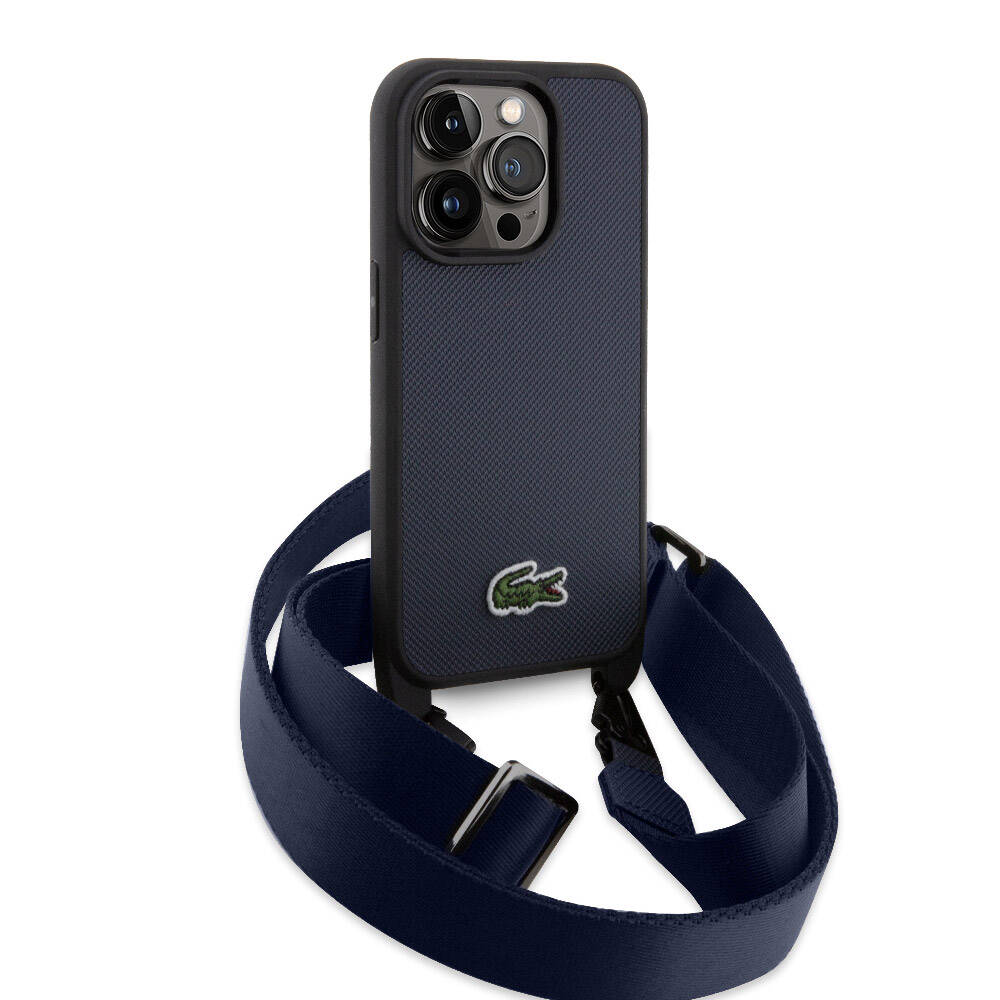 Apple iPhone 15 Pro Kılıf Lacoste Orjinal Lisanslı PU Pike Desenli Arka Yüzey Askılı İkonik Timsah Dokuma Logolu Kapak Lacivert