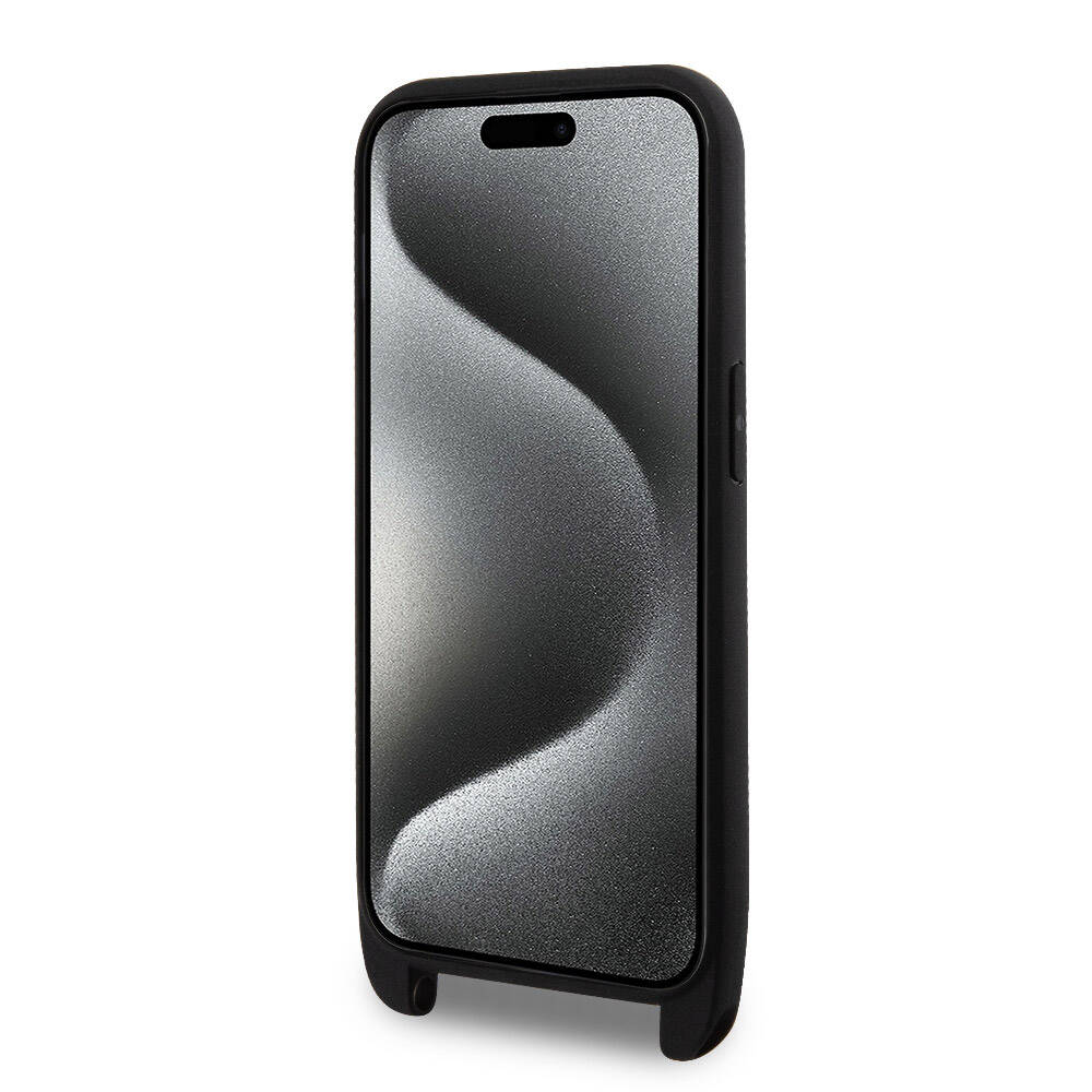 Apple iPhone 15 Pro Kılıf Lacoste Orjinal Lisanslı PU Pike Desenli Arka Yüzey Askılı İkonik Timsah Dokuma Logolu Kapak Lacivert