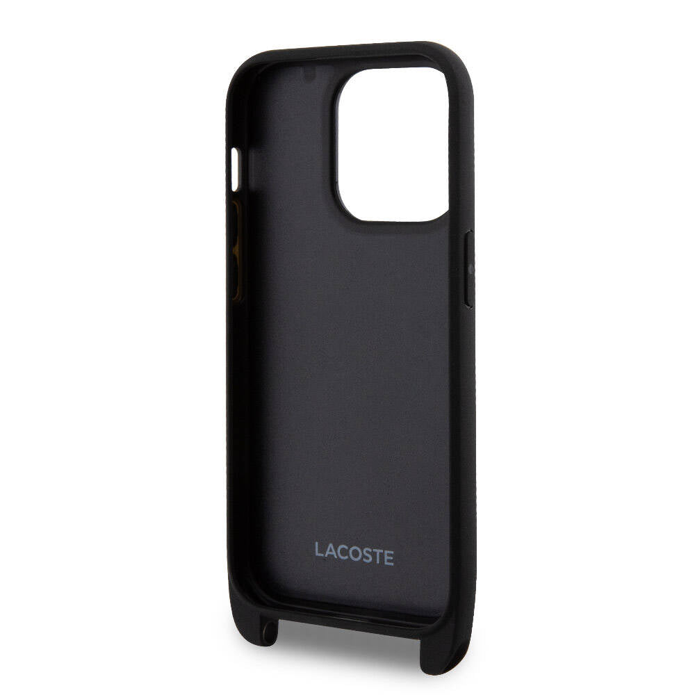 Apple iPhone 15 Pro Kılıf Lacoste Orjinal Lisanslı PU Pike Desenli Arka Yüzey Askılı İkonik Timsah Dokuma Logolu Kapak Lacivert