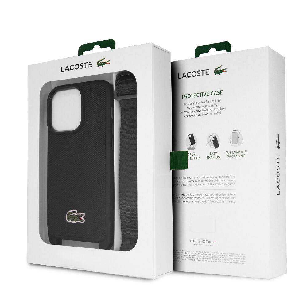 Apple iPhone 15 Pro Kılıf Lacoste Orjinal Lisanslı PU Pike Desenli Arka Yüzey Askılı İkonik Timsah Dokuma Logolu Kapak Siyah