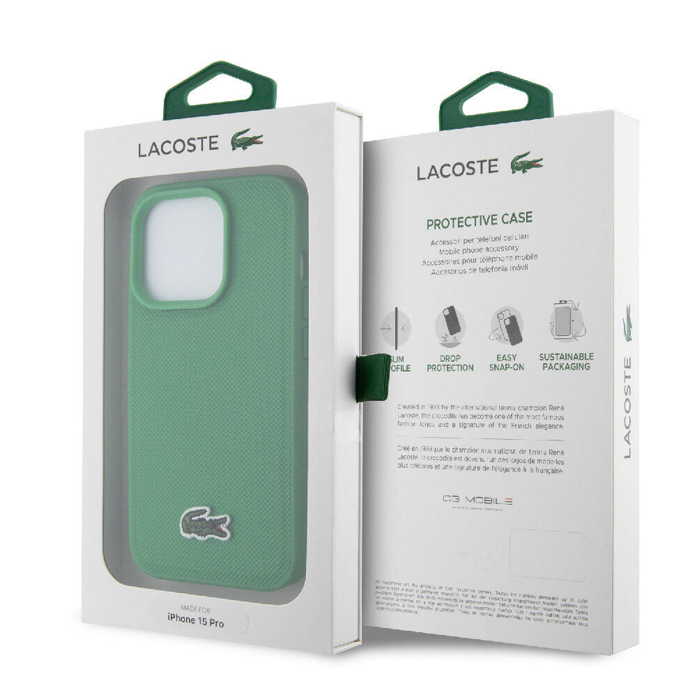 Apple iPhone 15 Pro Kılıf Lacoste Orjinal Lisanslı PU Pike Desenli Arka Yüzey İkonik Timsah Dokuma Logolu Kapak Yeşil