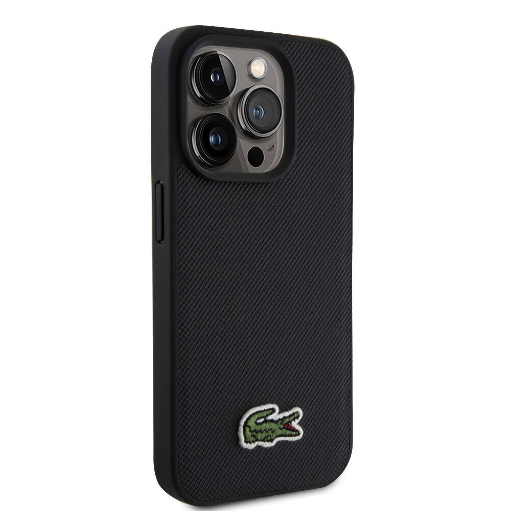 Apple iPhone 15 Pro Kılıf Lacoste Orjinal Lisanslı PU Pike Desenli Arka Yüzey İkonik Timsah Dokuma Logolu Kapak Lacivert