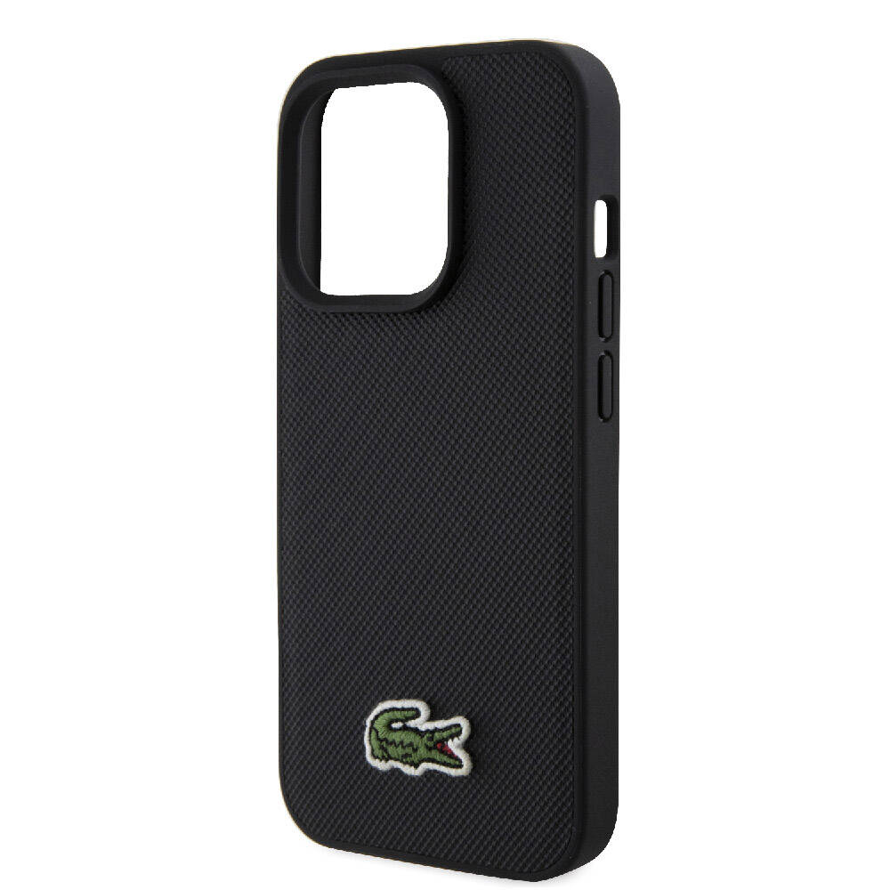 Apple iPhone 15 Pro Kılıf Lacoste Orjinal Lisanslı PU Pike Desenli Arka Yüzey İkonik Timsah Dokuma Logolu Kapak Siyah