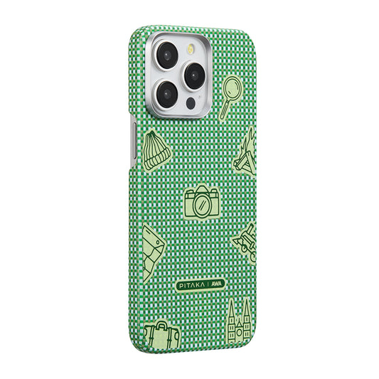 Apple iPhone 15 Pro Kılıf M-safe Şarj Özellikli Awa Tasarımlı 1500D Aramid Fiber Pitaka Ultra-Slim Classic Serisi Forest Kapak