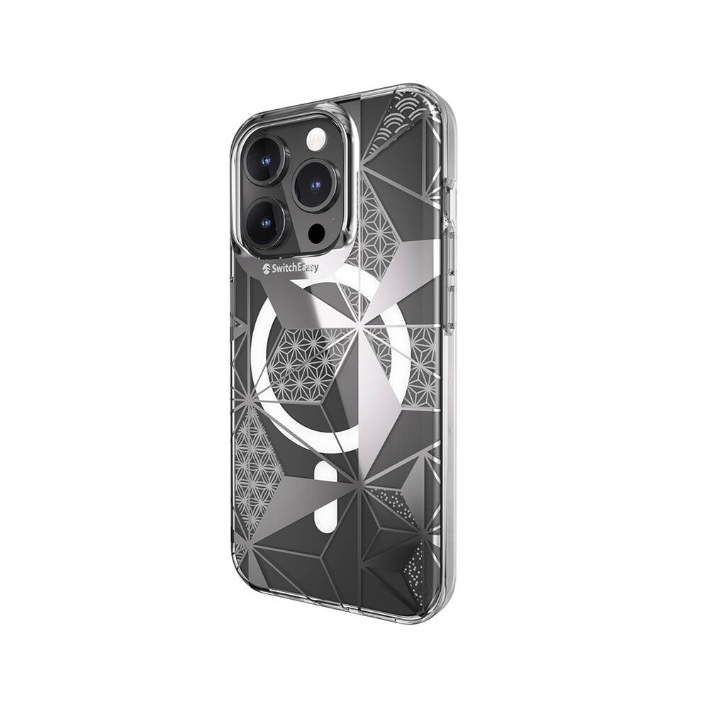 Apple iPhone 15 Pro Kılıf M-safe Şarj Özellikli Çift IMD Baskılı Lisanslı Switcheasy Artist-M Asanoha Kapak Gri
