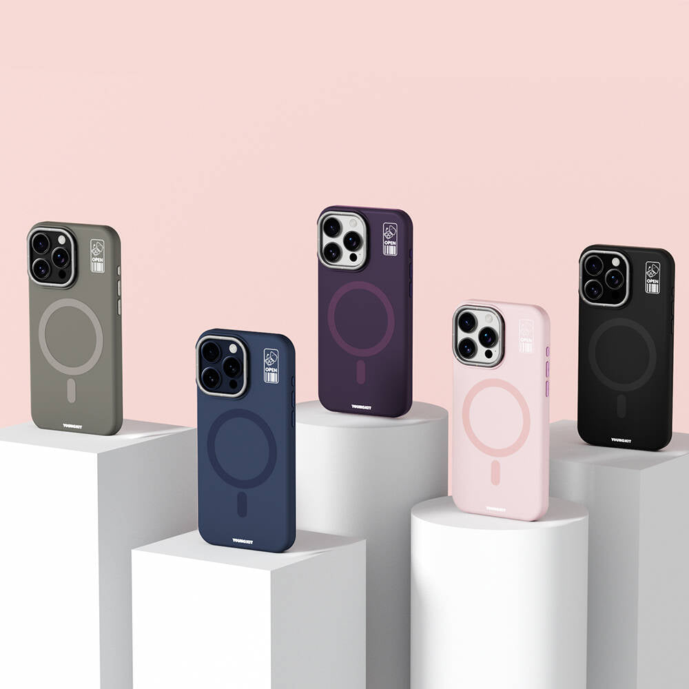 Apple iPhone 15 Pro Kılıf M-safe Şarj Özellikli Kamera Standlı Youngkit Bitty Cream Kapak Gri