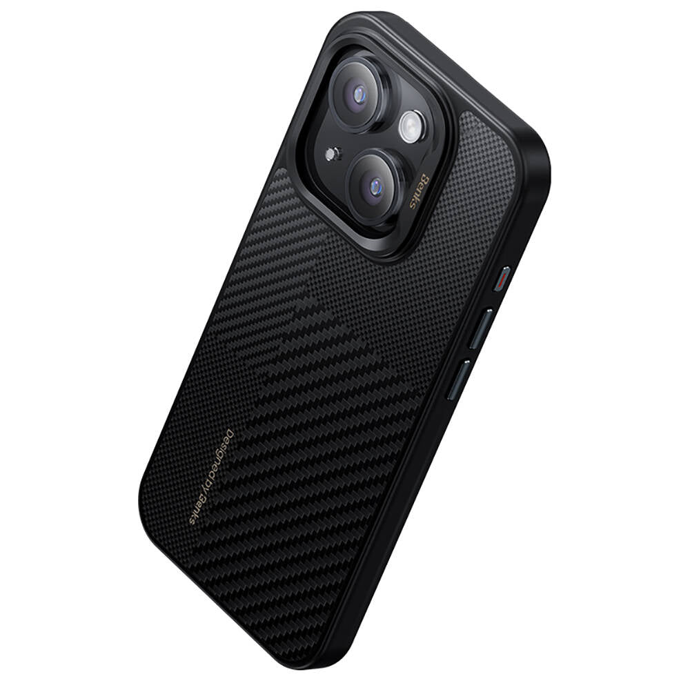 Apple iPhone 15 Pro Kılıf M-safe Şarj Özellikli Karbon Fiber Benks Montage Hybrid ArmorPro Kevlar Kapak Siyah