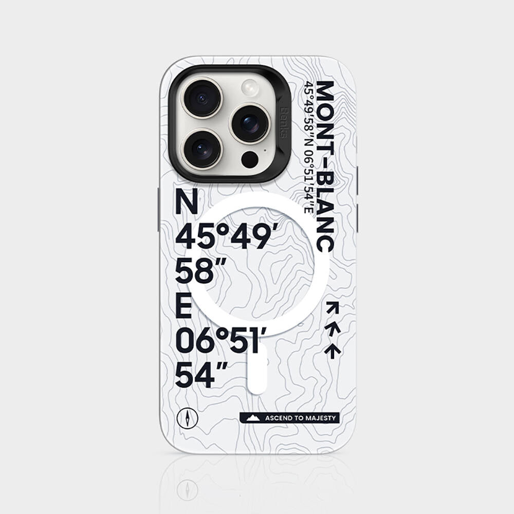 Apple iPhone 15 Pro Kılıf M-safe Şarj Özellikli Koordinat Yazı Desenli Benks Summit Serisi Kapak Beyaz