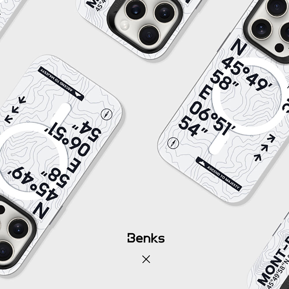 Apple iPhone 15 Pro Kılıf M-safe Şarj Özellikli Koordinat Yazı Desenli Benks Summit Serisi Kapak Beyaz