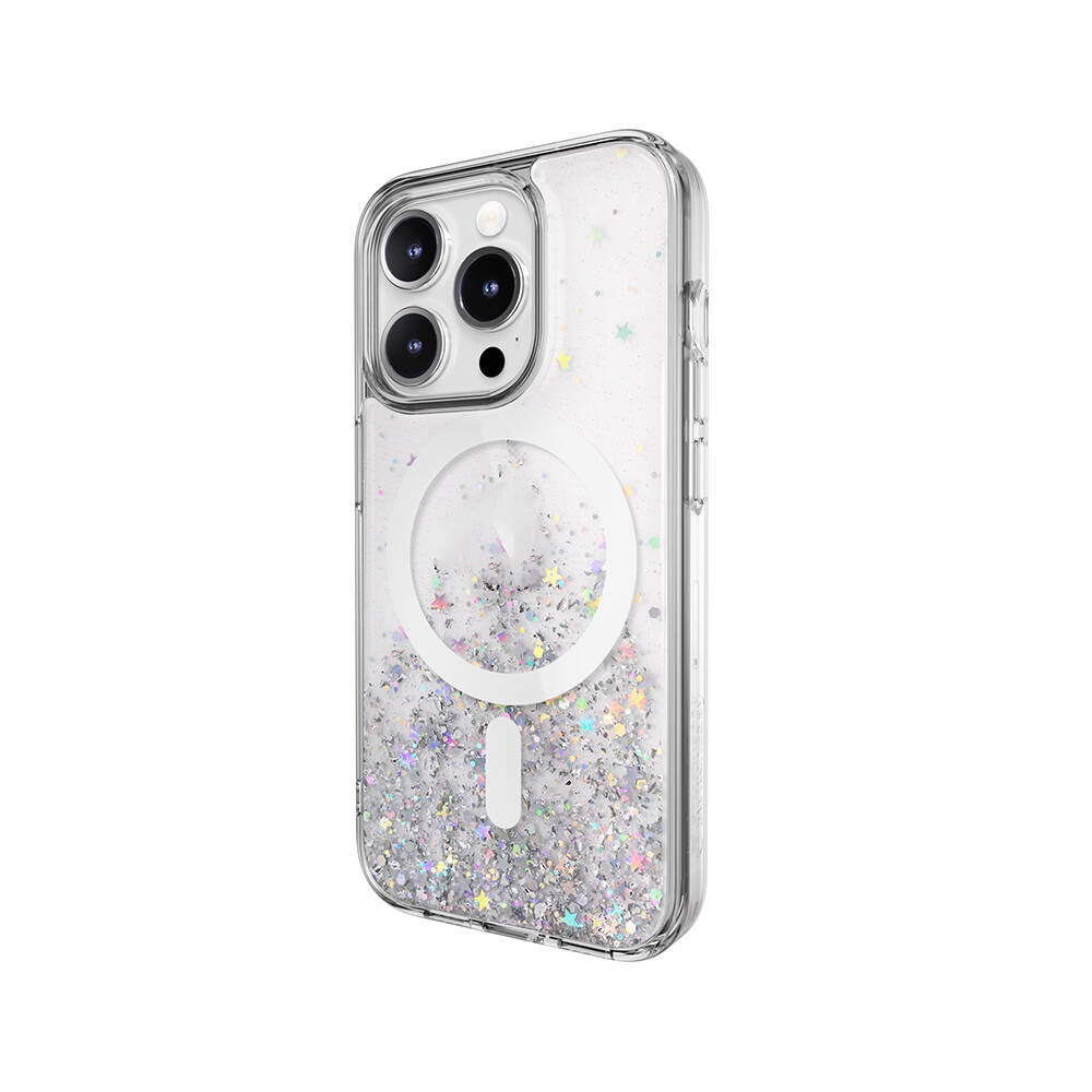 Apple iPhone 15 Pro Kılıf M-safe Şarj Özellikli Parlayan Simli Şeffaf Lisanslı Switcheasy Starfield-M Kapak Renksiz