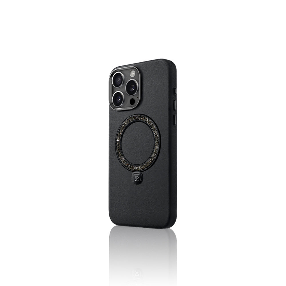 Apple iPhone 15 Pro Kılıf M-safe Şarj Özellikli Standlı Suni Deri Tasarımlı Pynana Dancing Circle Serisi Kapak Siyah