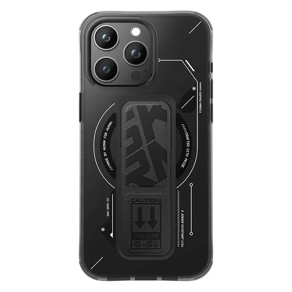Apple iPhone 15 Pro Kılıf M-safe Şarj Özellikli Teknoloji Desenli Standlı Skinarma Helio Kapak Gri