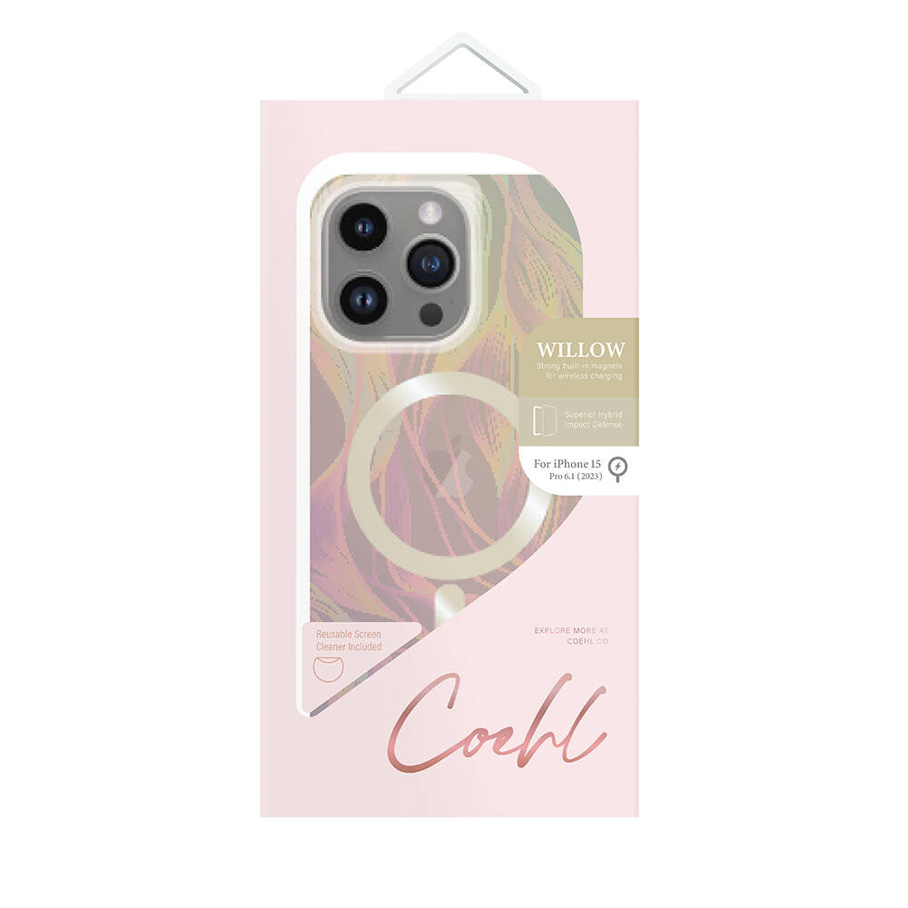 Apple iPhone 15 Pro Kılıf M-safe Şarj Özellikli Yaprak Desenli Coehl Willow Kapak Pembe