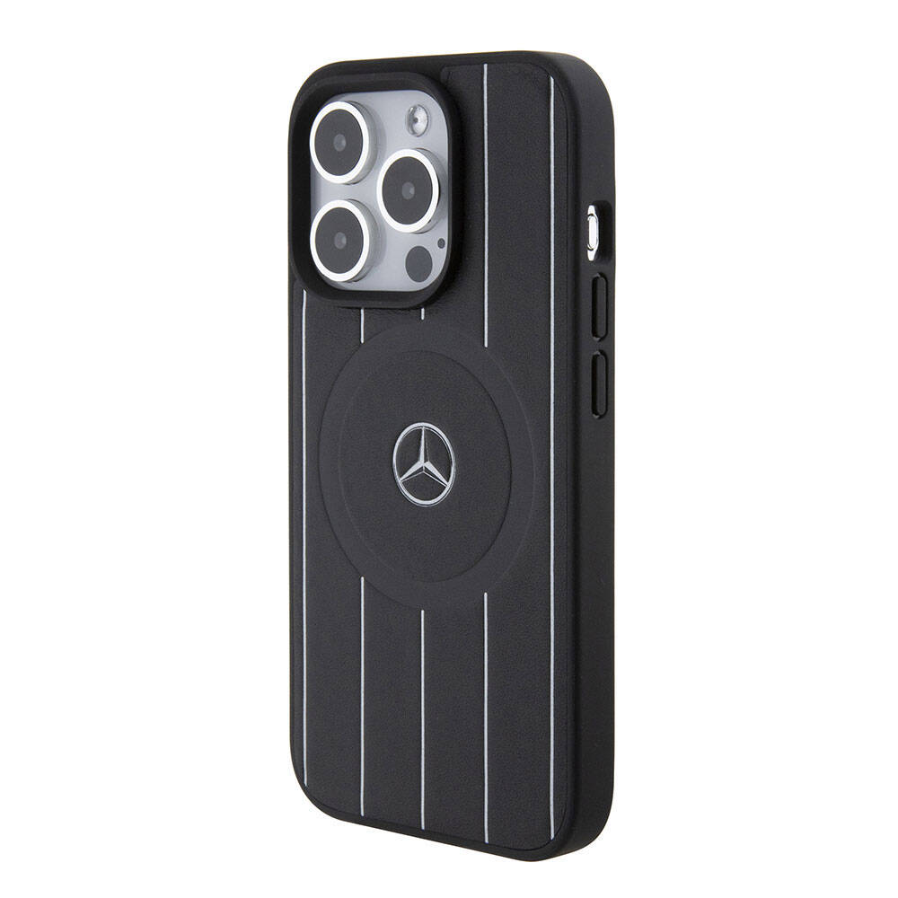 Apple iPhone 15 Pro Kılıf Mercedes Benz Orjinal Lisanslı M-safe Şarj Özellikli Baskı Logolu Paralel Çizgi Desenli Deri Kapak Siyah