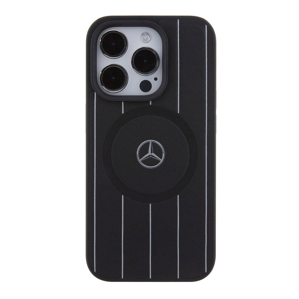 Apple iPhone 15 Pro Kılıf Mercedes Benz Orjinal Lisanslı M-safe Şarj Özellikli Baskı Logolu Paralel Çizgi Desenli Deri Kapak Siyah