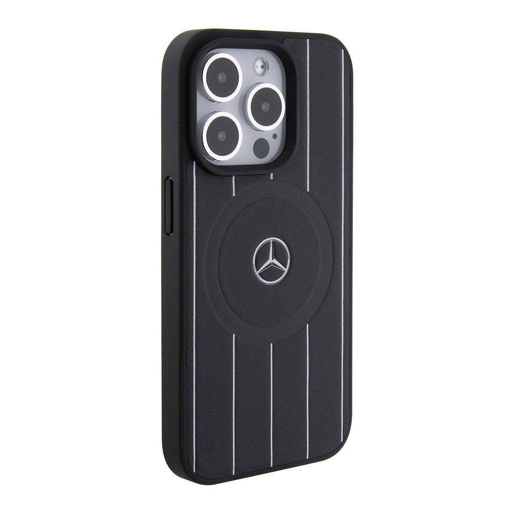 Apple iPhone 15 Pro Kılıf Mercedes Benz Orjinal Lisanslı M-safe Şarj Özellikli Baskı Logolu Paralel Çizgi Desenli Deri Kapak Siyah