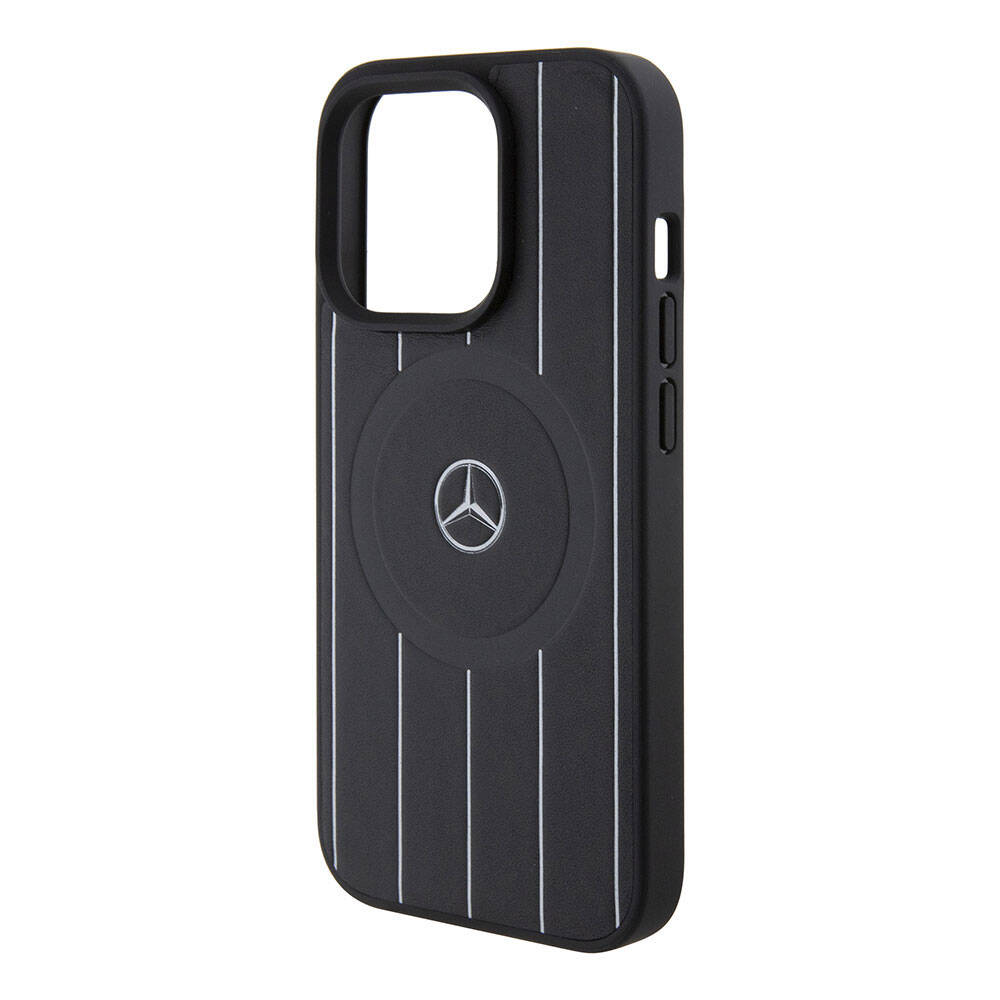 Apple iPhone 15 Pro Kılıf Mercedes Benz Orjinal Lisanslı M-safe Şarj Özellikli Baskı Logolu Paralel Çizgi Desenli Deri Kapak Siyah