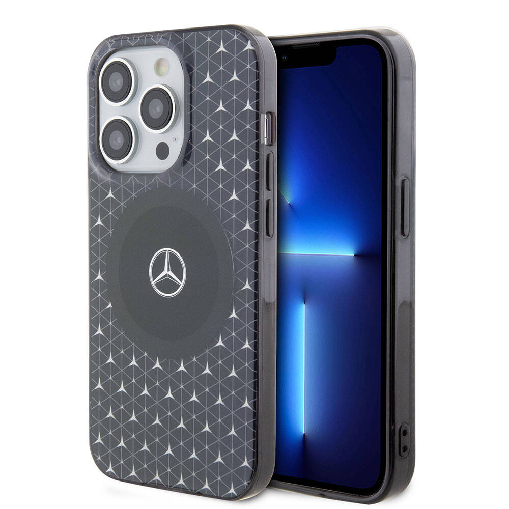 Apple iPhone 15 Pro Kılıf Mercedes Benz Orjinal Lisanslı M-safe Şarj Özellikli Çift Katmanlı Mini Yıldız Desenli Kapak Siyah