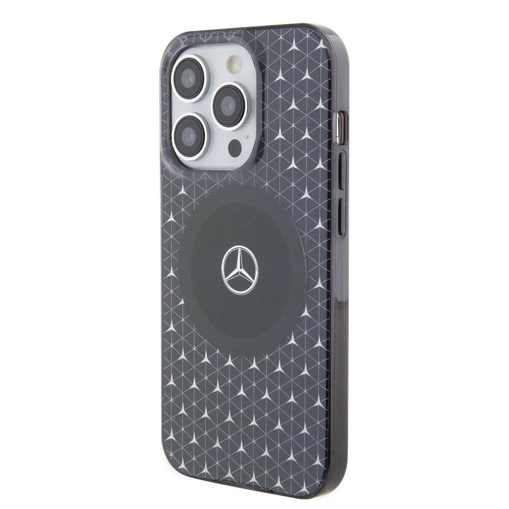 Apple iPhone 15 Pro Kılıf Mercedes Benz Orjinal Lisanslı M-safe Şarj Özellikli Çift Katmanlı Mini Yıldız Desenli Kapak Siyah