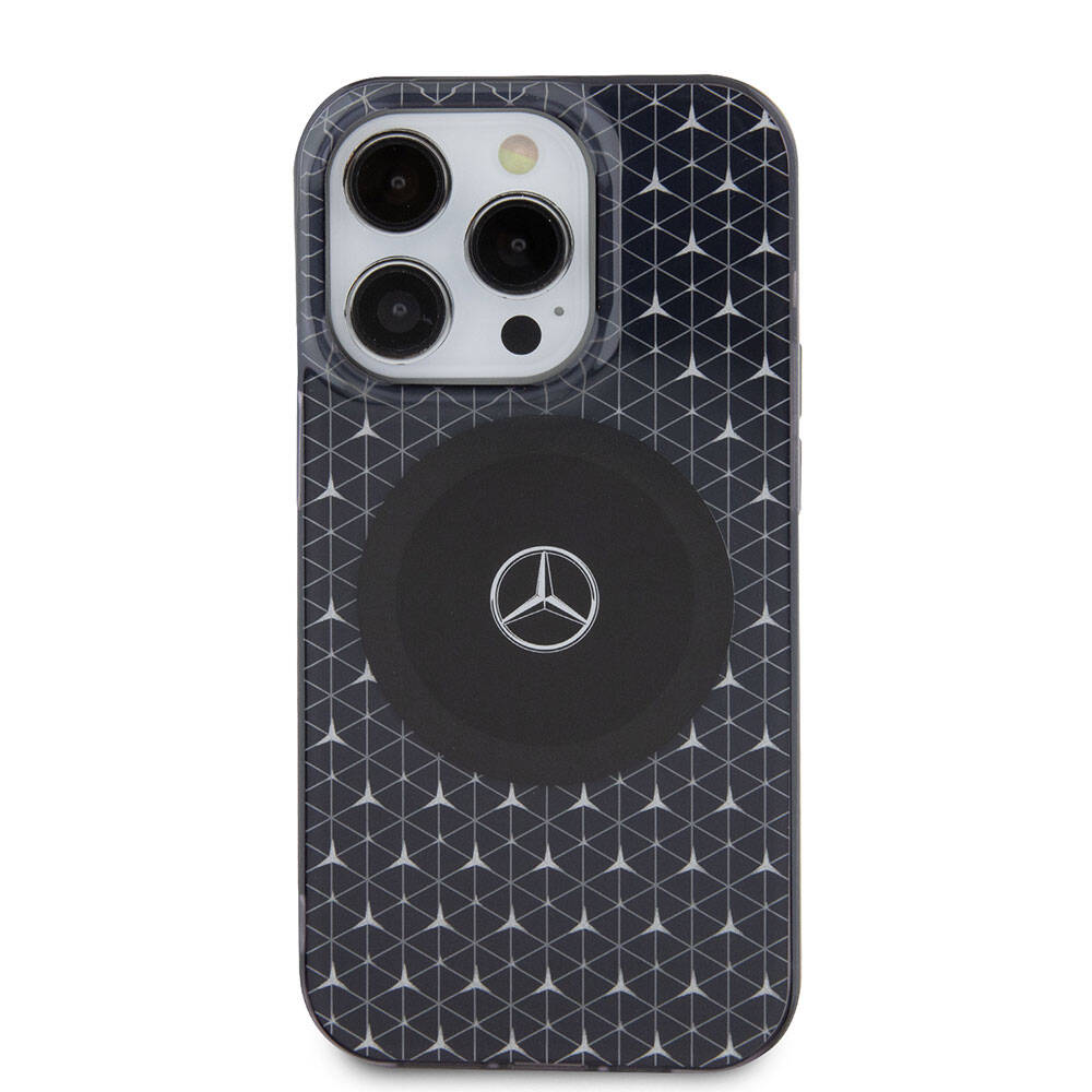 Apple iPhone 15 Pro Kılıf Mercedes Benz Orjinal Lisanslı M-safe Şarj Özellikli Çift Katmanlı Mini Yıldız Desenli Kapak Siyah