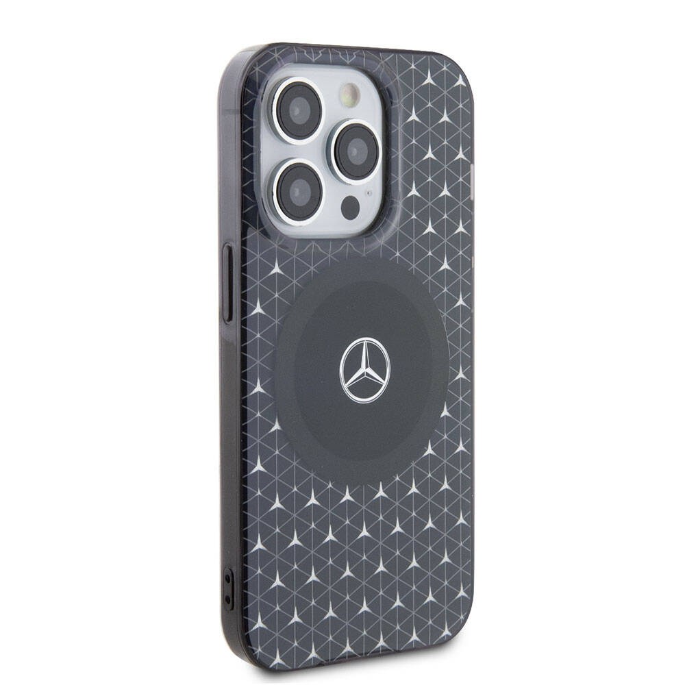 Apple iPhone 15 Pro Kılıf Mercedes Benz Orjinal Lisanslı M-safe Şarj Özellikli Çift Katmanlı Mini Yıldız Desenli Kapak Siyah