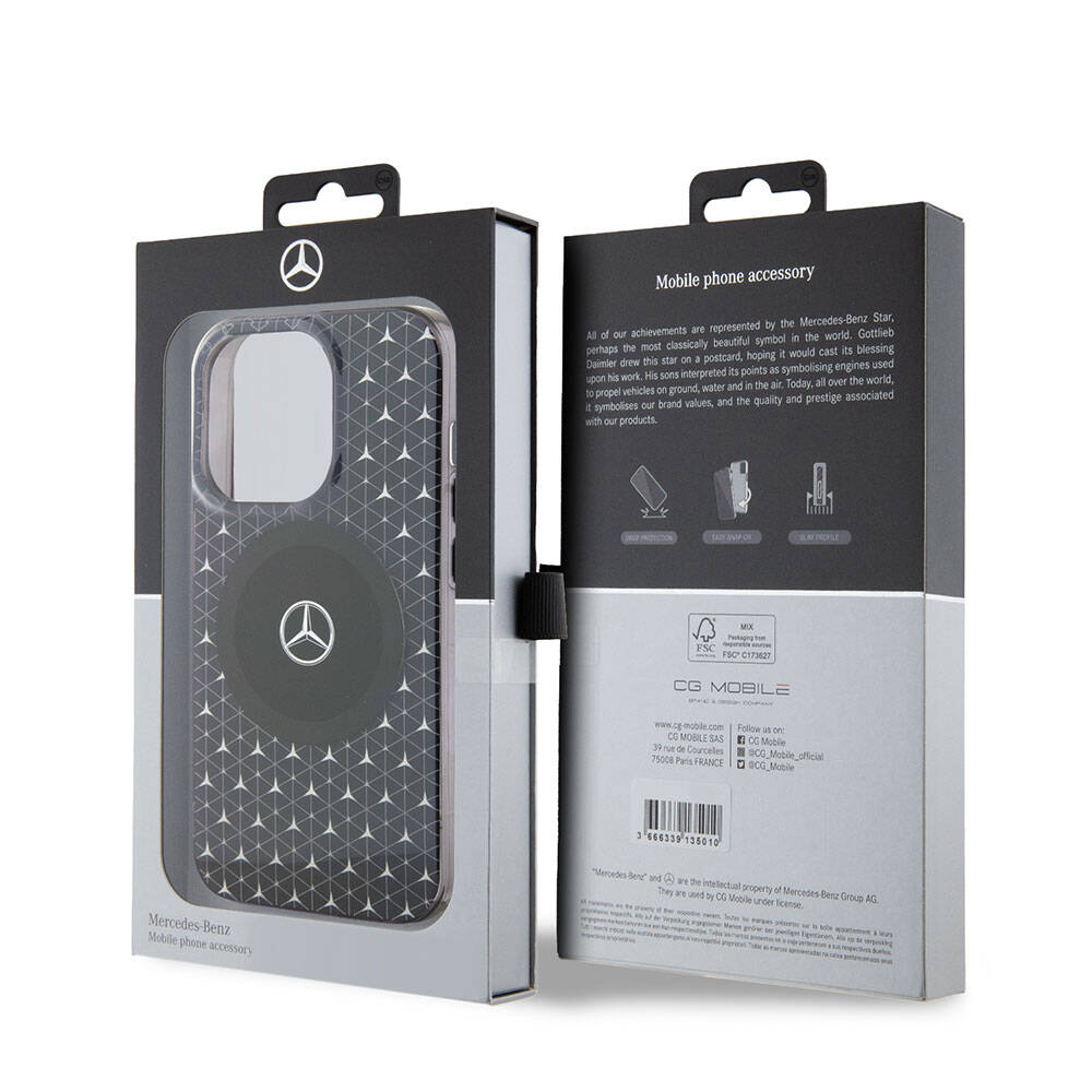 Apple iPhone 15 Pro Kılıf Mercedes Benz Orjinal Lisanslı M-safe Şarj Özellikli Çift Katmanlı Mini Yıldız Desenli Kapak Siyah
