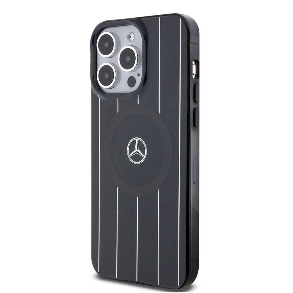 Apple iPhone 15 Pro Kılıf Mercedes Benz Orjinal Lisanslı M-safe Şarj Özellikli Çift Katmanlı Paralel Çizgi Desenli Kapak Beyaz