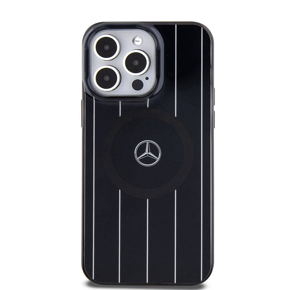 Apple iPhone 15 Pro Kılıf Mercedes Benz Orjinal Lisanslı M-safe Şarj Özellikli Çift Katmanlı Paralel Çizgi Desenli Kapak Beyaz