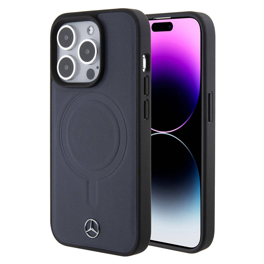 Apple iPhone 15 Pro Kılıf Mercedes Benz Orjinal Lisanslı M-safe Şarj Özellikli Metal Yıldız Logolu Pürüzsüz Deri Kapak Lacivert