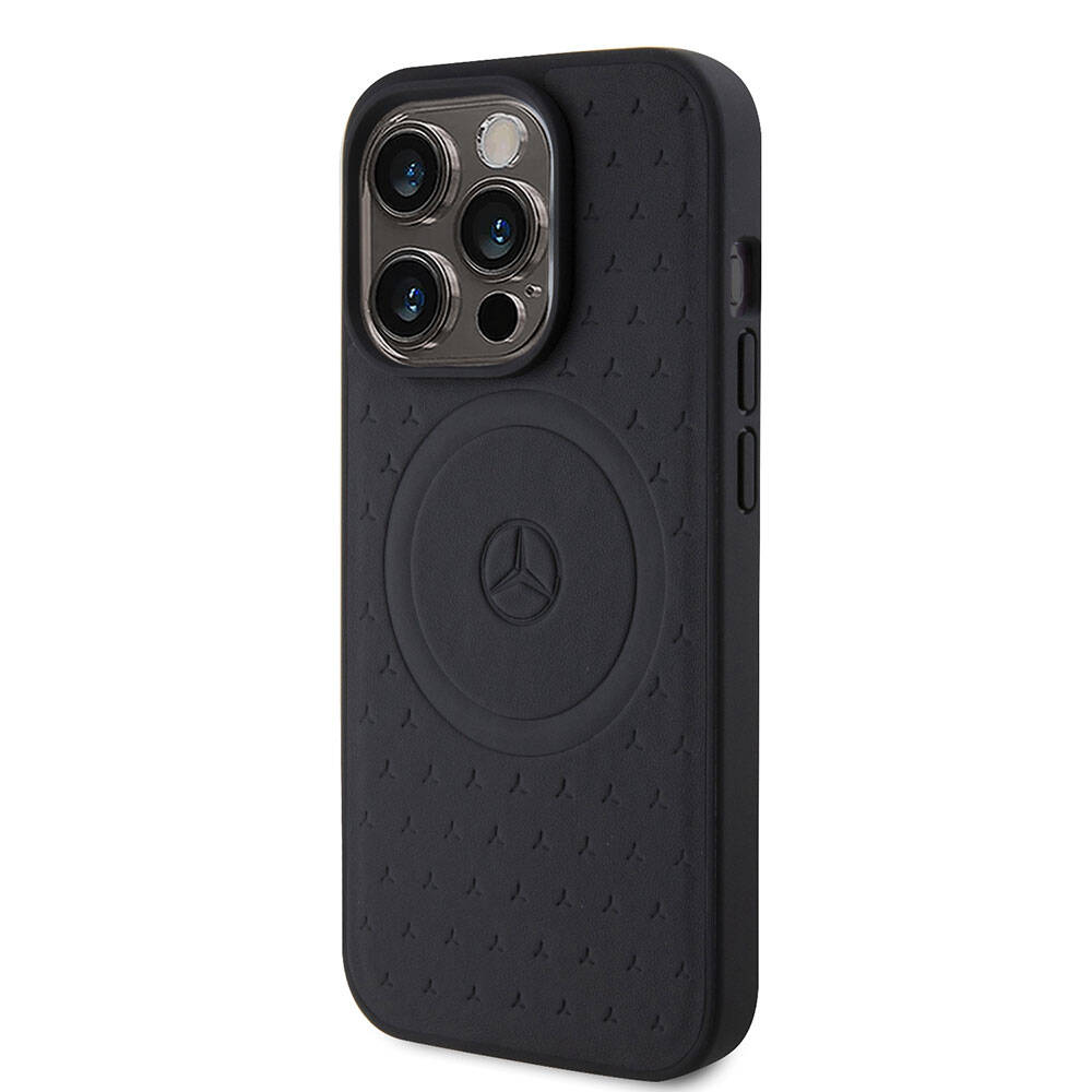 Apple iPhone 15 Pro Kılıf Mercedes Benz Orjinal Lisanslı M-safe Şarj Özellikli Mühürlü Yıldız Desenli ve Logolu Deri Kapak Siyah