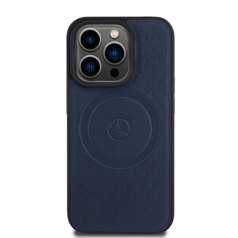 Apple iPhone 15 Pro Kılıf Mercedes Benz Orjinal Lisanslı M-safe Şarj Özellikli Mühürlü Yıldız Desenli ve Logolu Deri Kapak Siyah