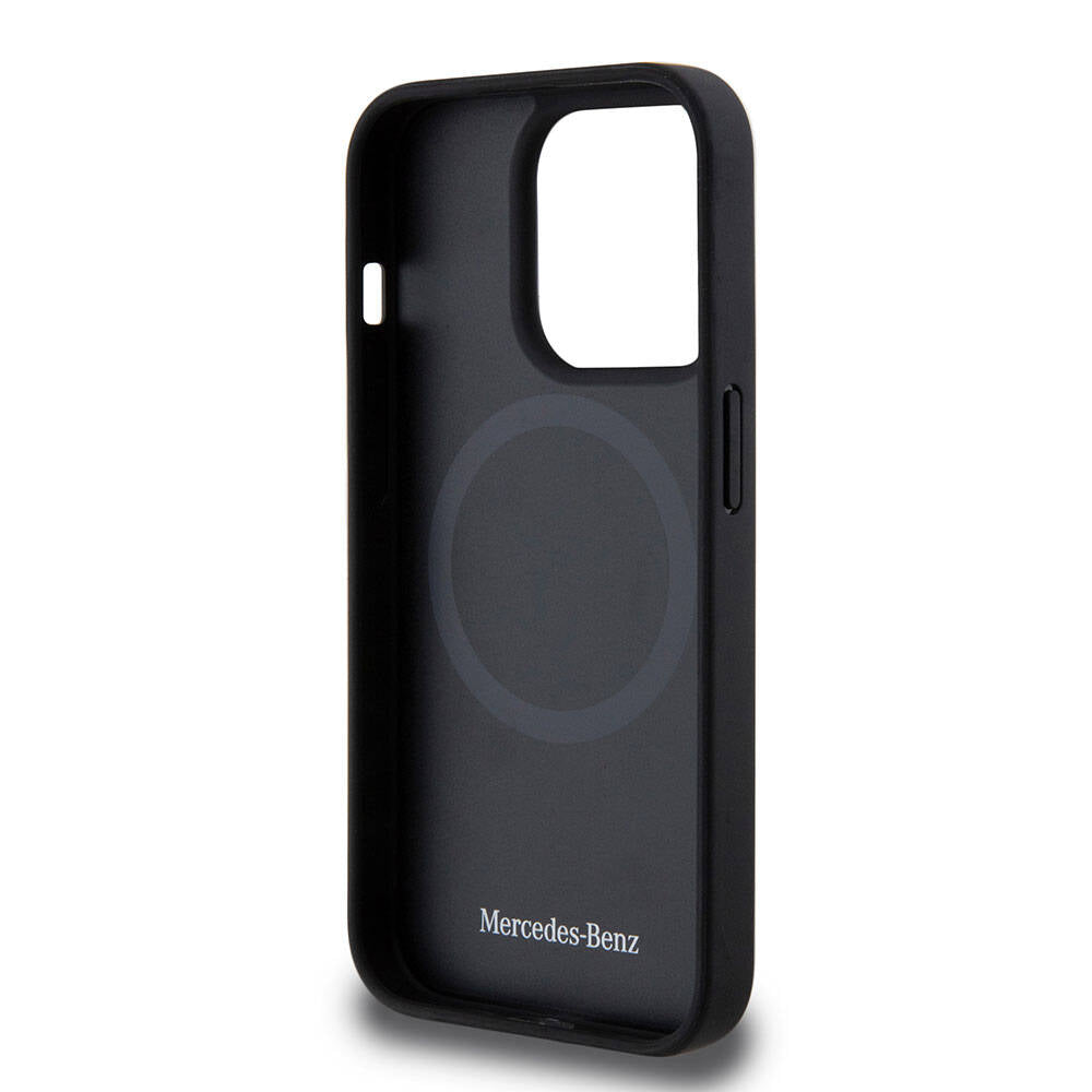 Apple iPhone 15 Pro Kılıf Mercedes Benz Orjinal Lisanslı M-safe Şarj Özellikli Mühürlü Yıldız Desenli ve Logolu Deri Kapak Lacivert