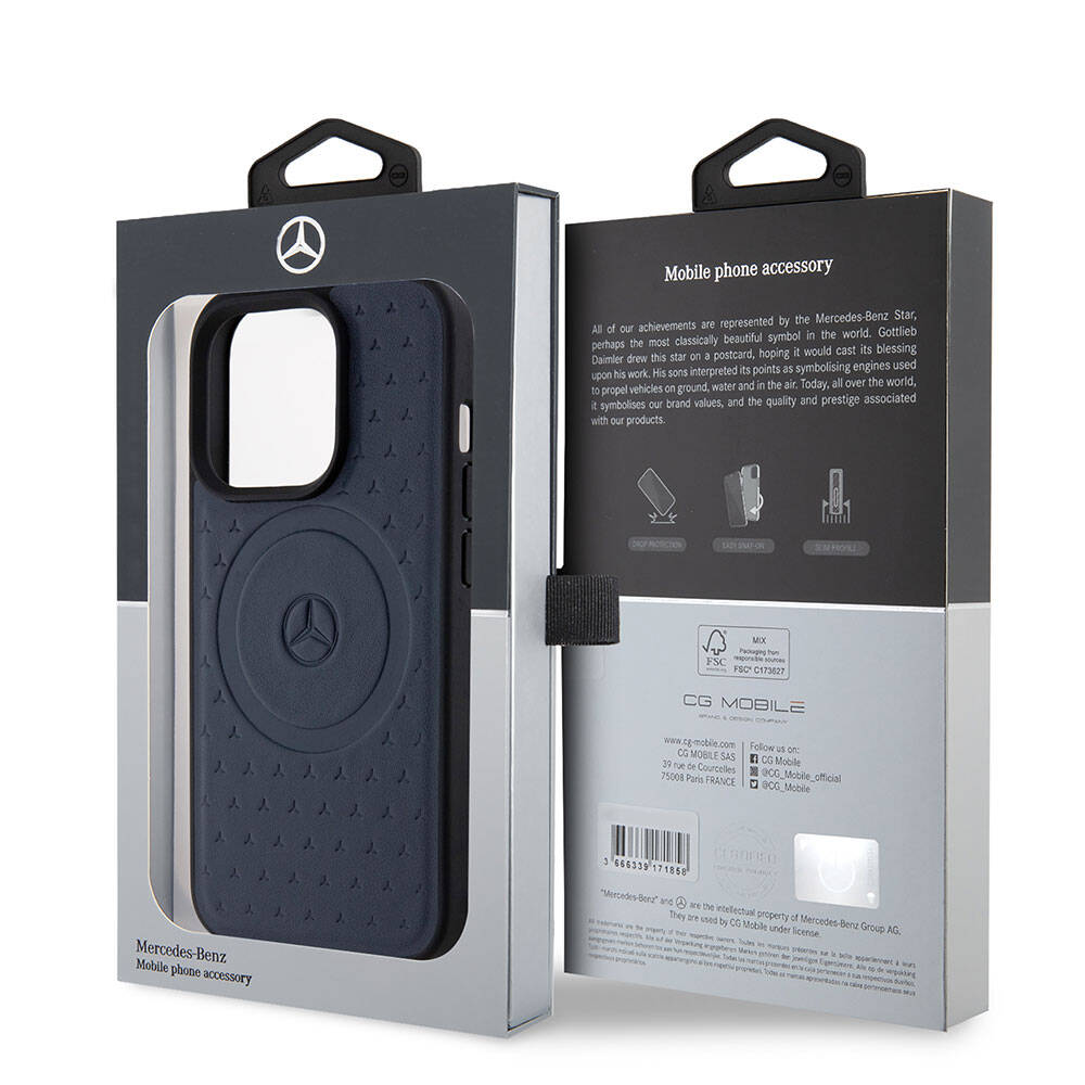 Apple iPhone 15 Pro Kılıf Mercedes Benz Orjinal Lisanslı M-safe Şarj Özellikli Mühürlü Yıldız Desenli ve Logolu Deri Kapak Lacivert