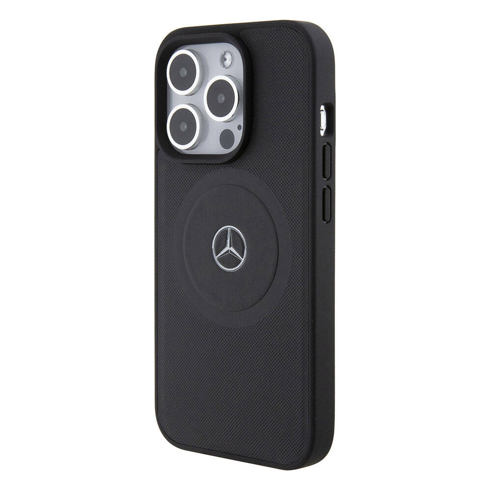 Apple iPhone 15 Pro Kılıf Mercedes Benz Orjinal Lisanslı M-safe Şarj Özellikli Pike Desenli Baskı Logolu Deri Kapak Siyah
