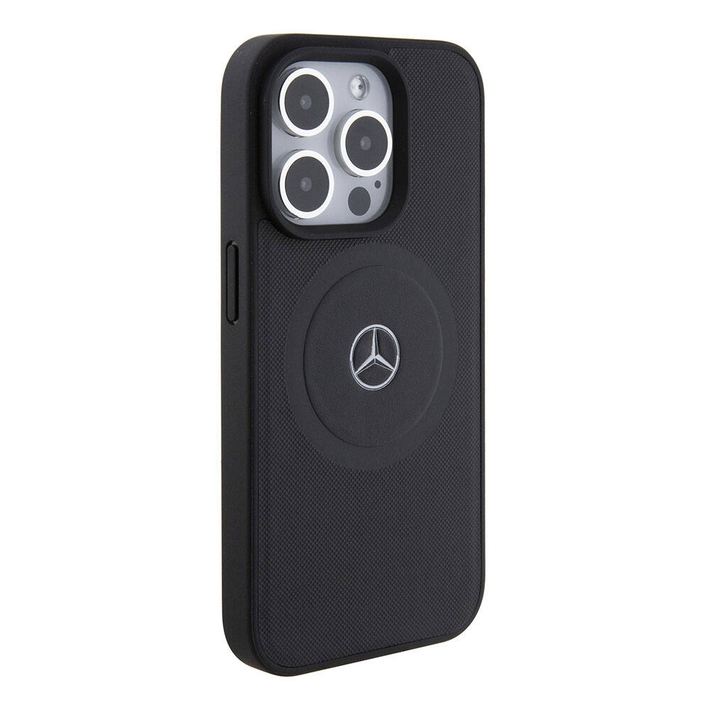 Apple iPhone 15 Pro Kılıf Mercedes Benz Orjinal Lisanslı M-safe Şarj Özellikli Pike Desenli Baskı Logolu Deri Kapak Siyah