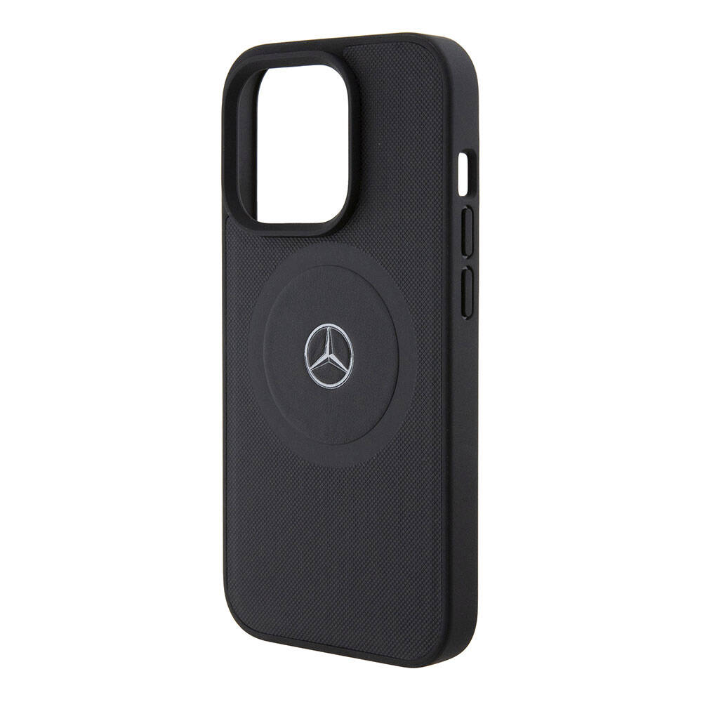 Apple iPhone 15 Pro Kılıf Mercedes Benz Orjinal Lisanslı M-safe Şarj Özellikli Pike Desenli Baskı Logolu Deri Kapak Siyah
