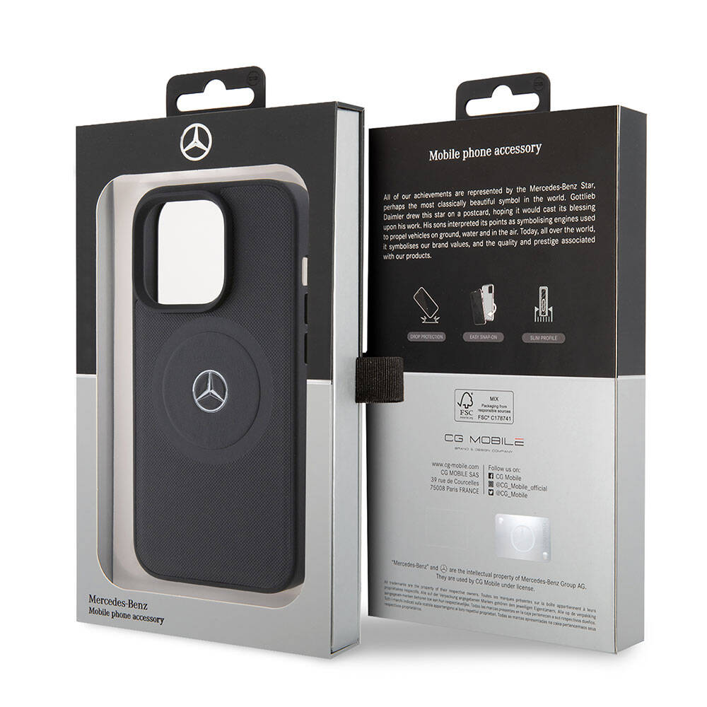 Apple iPhone 15 Pro Kılıf Mercedes Benz Orjinal Lisanslı M-safe Şarj Özellikli Pike Desenli Baskı Logolu Deri Kapak Siyah