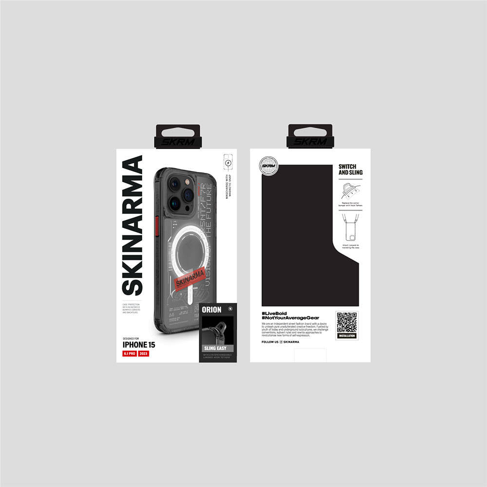 Apple iPhone 15 Pro Kılıf SkinArma M-safe Şarj Özellikli Yazı Desenli Airbag Tasarımlı Orion Kapak Siyah