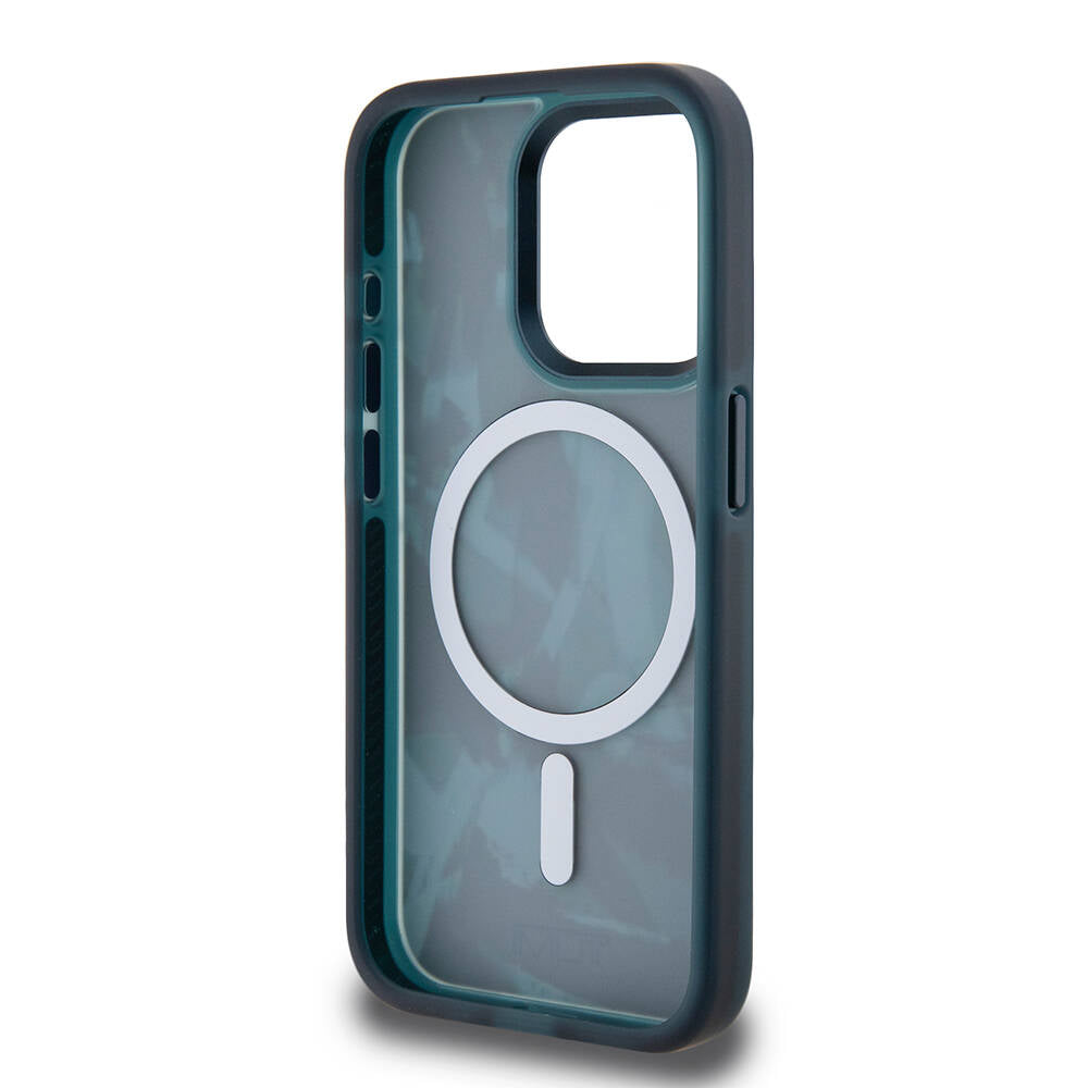 Apple iPhone 15 Pro Kılıf TUMI Orjinal Lisanslı M-safe Şarj Özellikli Buzlanmış Saydam Fırça Kamuflajı Desenli Kapak Yeşil
