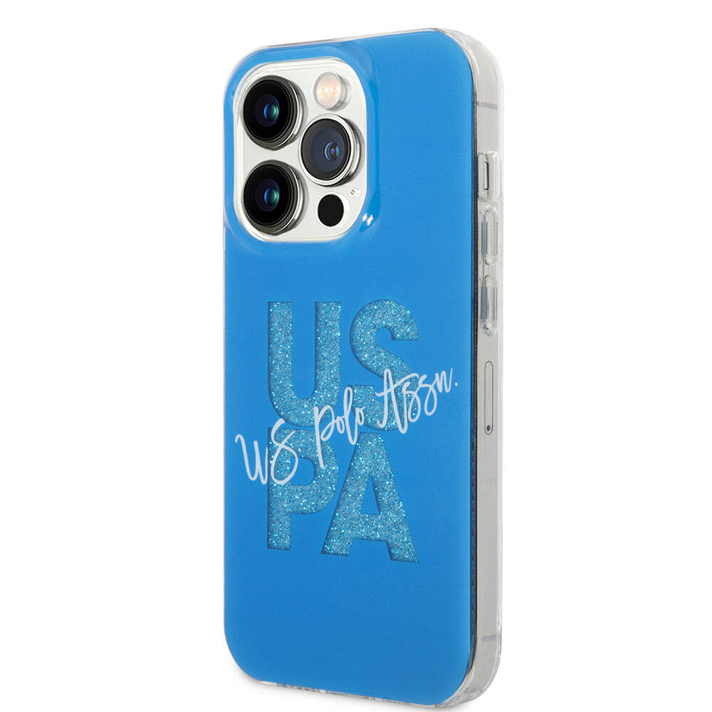 Apple iPhone 15 Pro Kılıf U.S. Polo Assn. Orjinal Lisanslı Simli Parlak Alfabe Tasarım Kapak Mavi