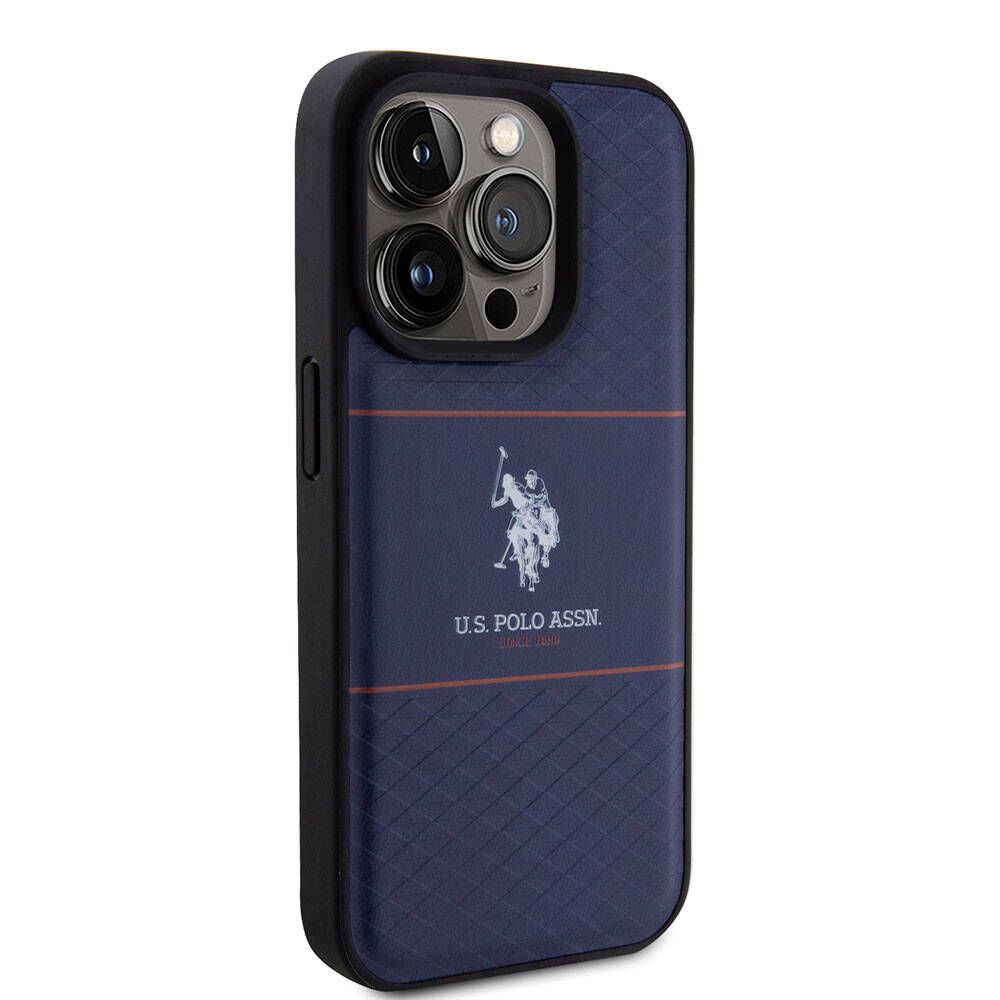Apple iPhone 15 Pro Kılıf U.S. Polo Assn. Orjinal Lisanslı Deri Şeritli Logo Dizayn Kapak Lacivert
