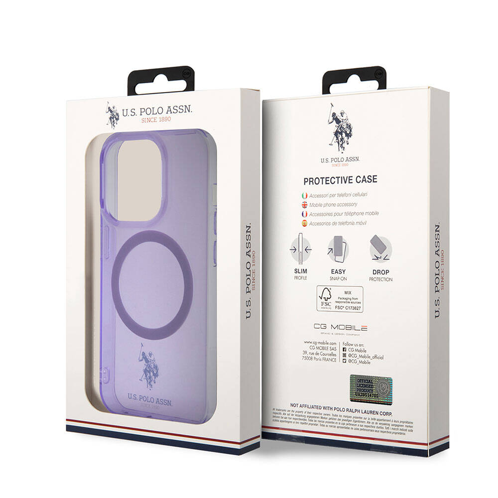 Apple iPhone 15 Pro Kılıf U.S. Polo Assn. Orjinal Lisanslı M-safe Şarj Özellikli Transparan Tasarım Kapak Mor