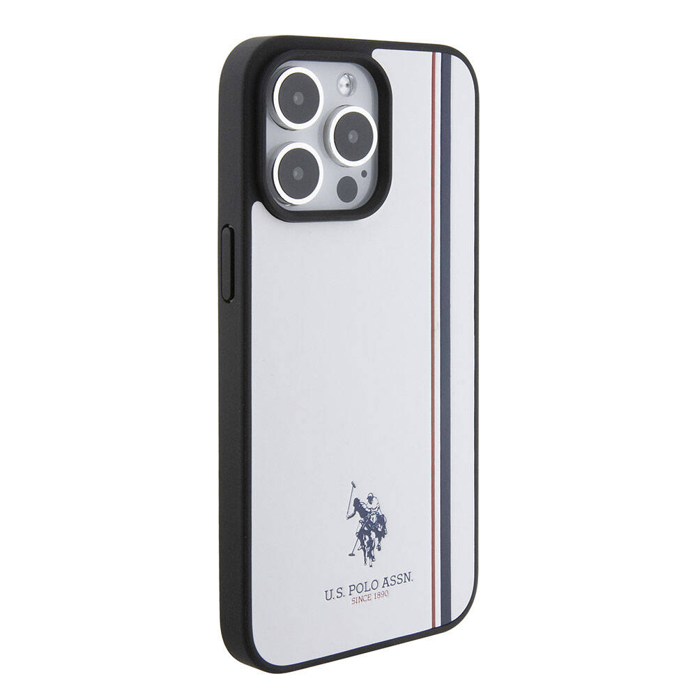 Apple iPhone 15 Pro Kılıf U.S. Polo Assn. Orjinal Lisanslı Üç Renk Şerit Tasarımlı Baskı Logolu Kapak Beyaz