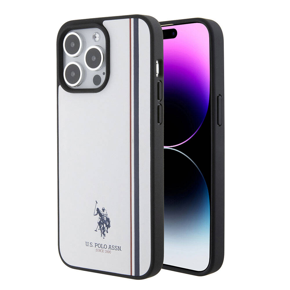 Apple iPhone 15 Pro Kılıf U.S. Polo Assn. Orjinal Lisanslı Üç Renk Şerit Tasarımlı Baskı Logolu Kapak Beyaz